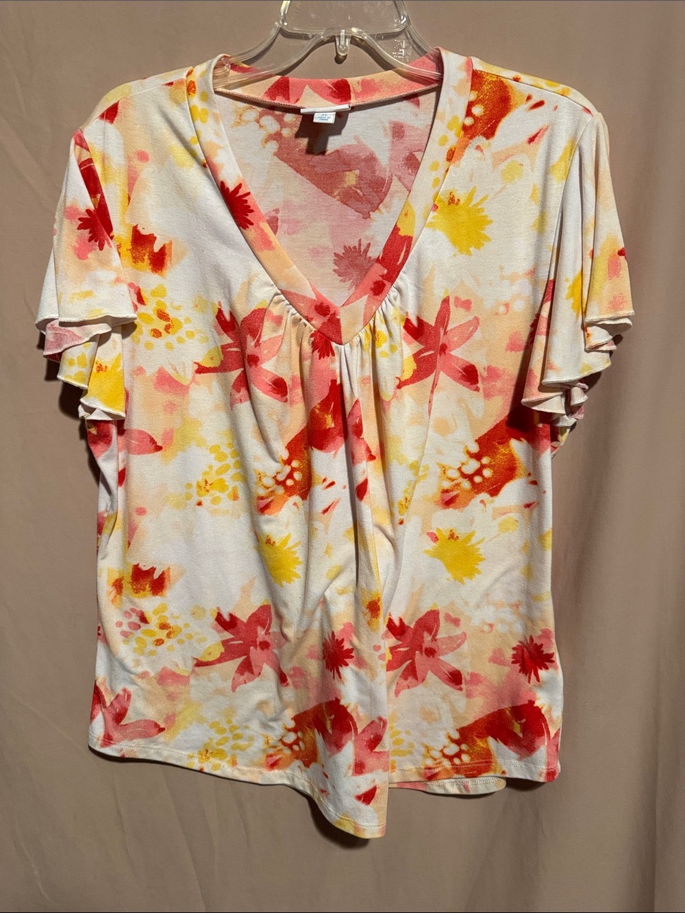 LuLaRoe V-Neck Flutter Sleeve Top - White with Coral & Yellow